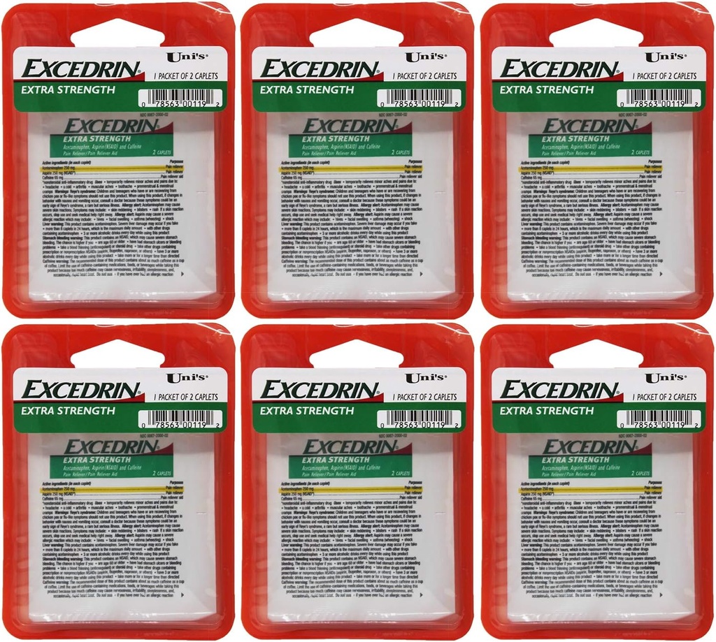 Excedrin της Uni's Extra Strength 6 Count Single Dose Relief 2 caplets σε κάθε πακέτο. Βοηθά στην ανακούφιση του Πονοκέφαλου, του Οδοντόκοποιου, του Πονοκεφάλου, του Εμμηνορρυϊκού Καταιγισμού, του Κοινού Κρύου και των Μυϊκών Παχέων.