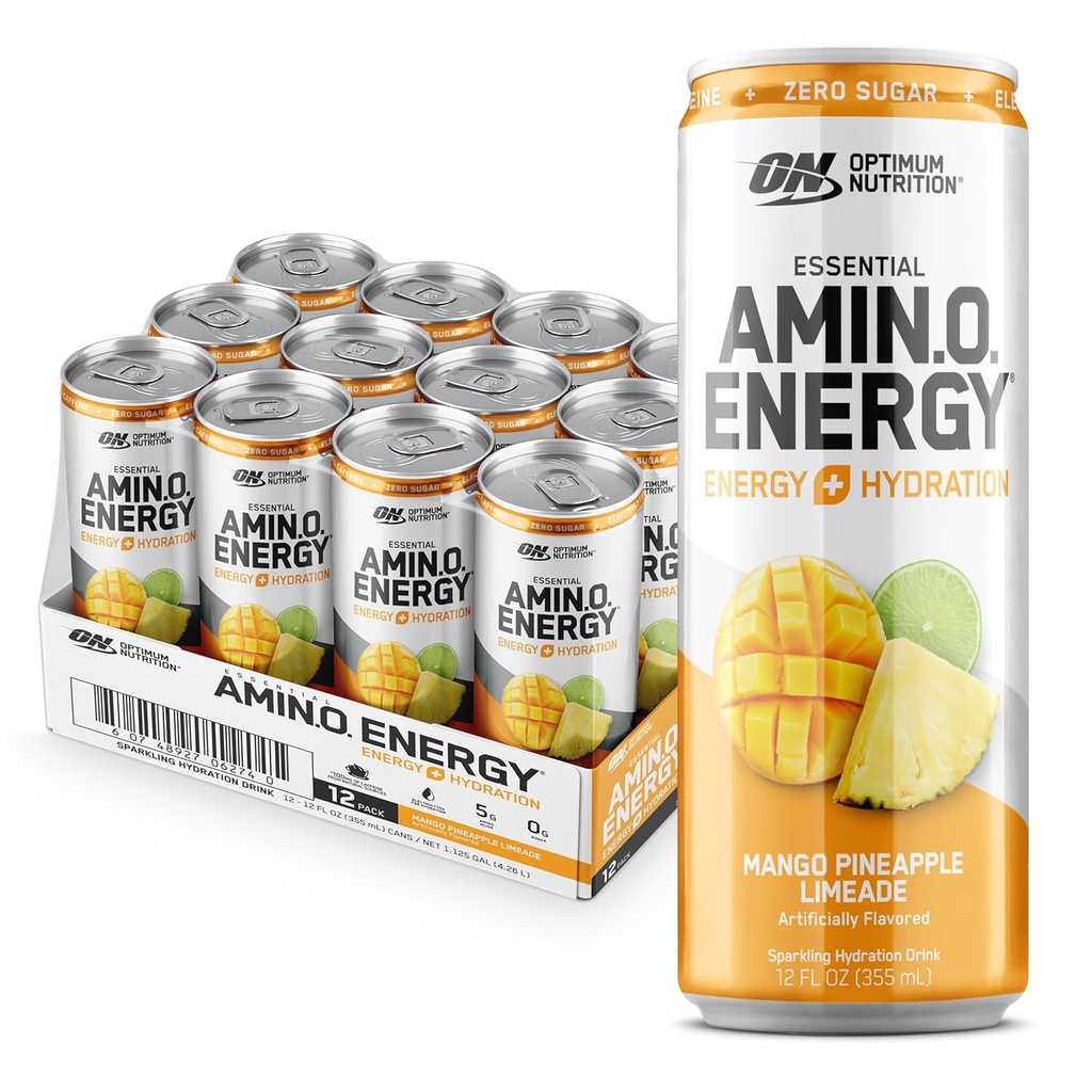Optimum Nutrition Amino Energy Sparking Hydration Drink, Electrolytes, Caffeine, Amino Acids, BCAAs, Sugar Free, Mango Pineapple Limeade, 12 Fl Oz, 12 Pack (Packing May Vary)