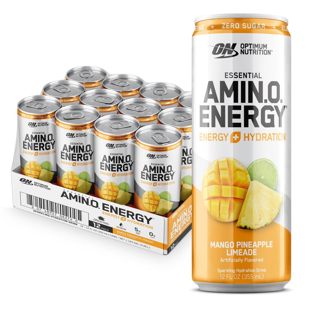 Optimum Nutrition Amino Energy Sparking Hydration Drink, Electrolytes, Caffeine, Amino Acids, BCAAs, Sugar Free, Mango Pineapple Limeade, 12 Fl Oz, 12 Pack (Packing May Vary)