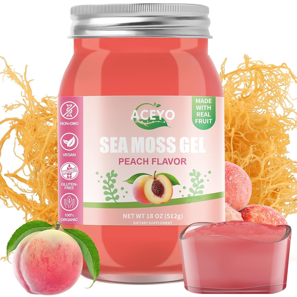 ACEYO (18 OZ) Ιρλανδική Θάλασσα Moss Gel Βιολογικό Ακατέργαστο Ροδάκινο Vegan Γεύση 102 Βιταμίνες και Ορυκτά Άγρια Συγκομιδή Μη-ΓΤΟ Ανοσοποιητική Αμυντική Ενίσχυση Θυρεοειδούς Υποστήριξη