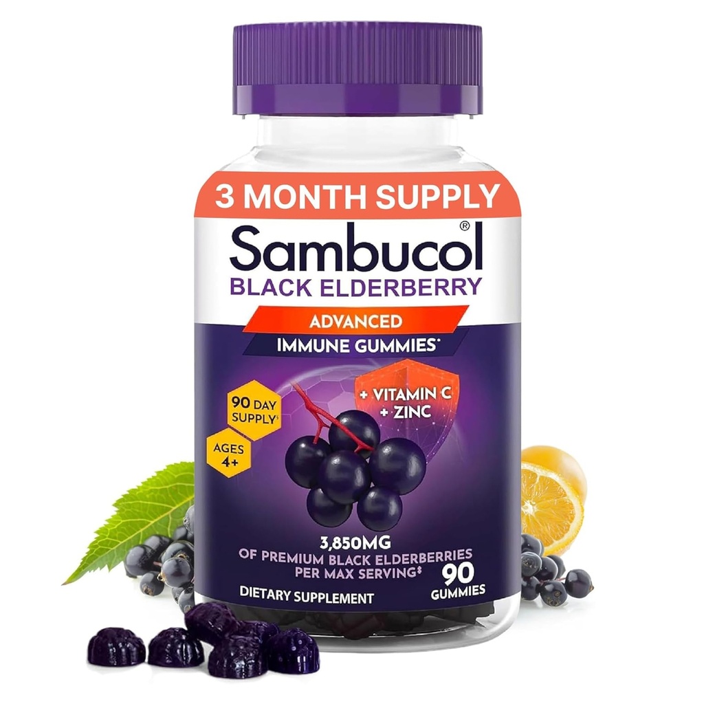 Sambucol Elderberry Gummies for Adults with Vitamin C; Zinc; Sambucus Elderberry Gummies for Immune support with High Antioxidants; Gluten Free; Vegan; 1 Gummy Per Serving; 90 Count (90 Day Supply)