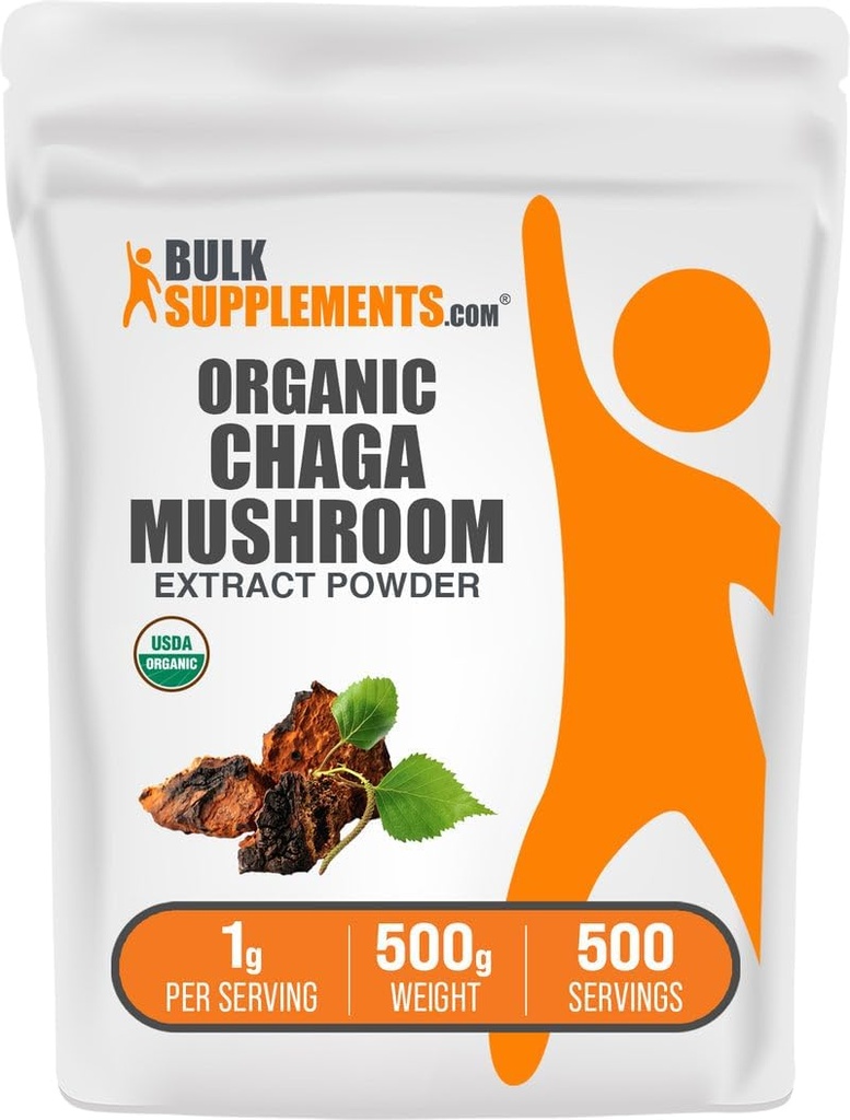 BulkSupplements.com Βιολογικό Chaga Mushroom Extract σκόνη - Βιολογικό Τσάγκα σκόνη, Mushroom συμπλήρωμα - Χωρίς γλουτένη, 1g ανά υπηρεσία, 500g (1.1 lbs) (πακέτο των 1)