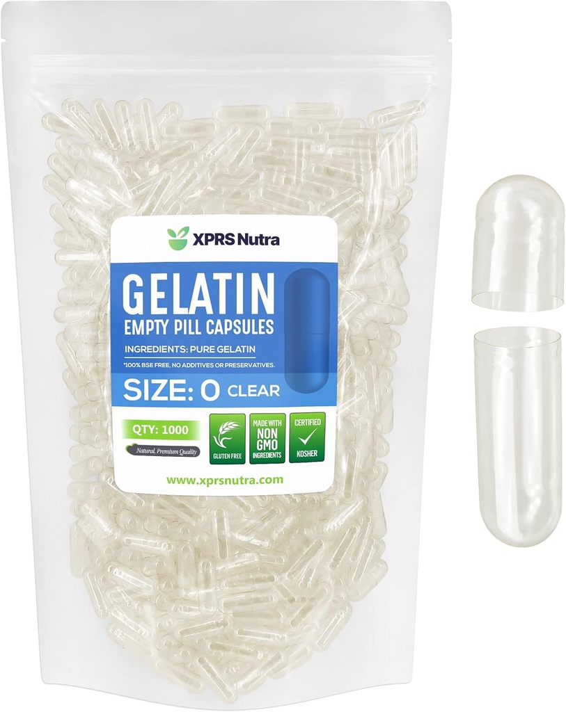 XPRS Nutra Size 0 Clear Empty Gelatin Capsules 1000 Count - Kosher and Halal - Pure Gelatin Pill Capsule - DIY Powder Filling - Fillable Gel Caps Pills for DIY Supplements