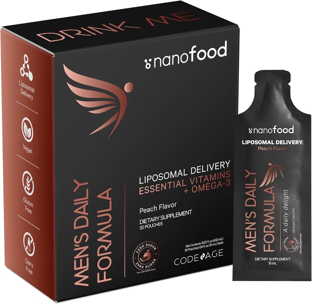 Codeage Daily Men Liquid Vitamins Supplement - Liposomal Multivitamin A, B, C, D, E, Biotin, Omega-3 & Omega-9 - Folate, Niacin, BlackBerry, Vegan - Sugar-Free & Non-GMO - 30 Pouches