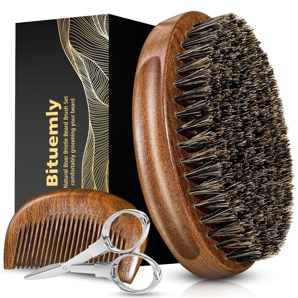 Βούρτσα γέμισης, φυσικό βούρτσα βράχων Bristles Brid Βούρτσα για τους άνδρες και το ξύλο Sandalwood Pocket Beard Comb Set, Hair Grooming Kit προσώπου με το Ψαλίδι μουστάκι ως εργαλείο styling, ανάπτυξη, αποκόλληση, λάμψη