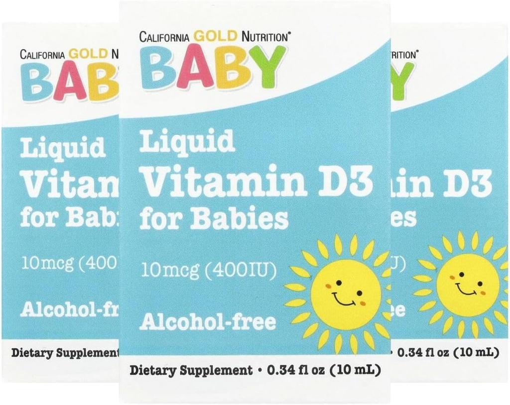 California Gold Nutrition Baby Vitamin D3 - Υγρό D3 συμπλήρωμα για μωρά, χορτοφάγους φιλικό - Αναπτυξιακή υποστήριξη - Αλκοόλ & Χωρίς γλουτένη, Μη ΓΤΟ - 10 mcg (400 IU) - 0,34 fl oz (10 ml), 3