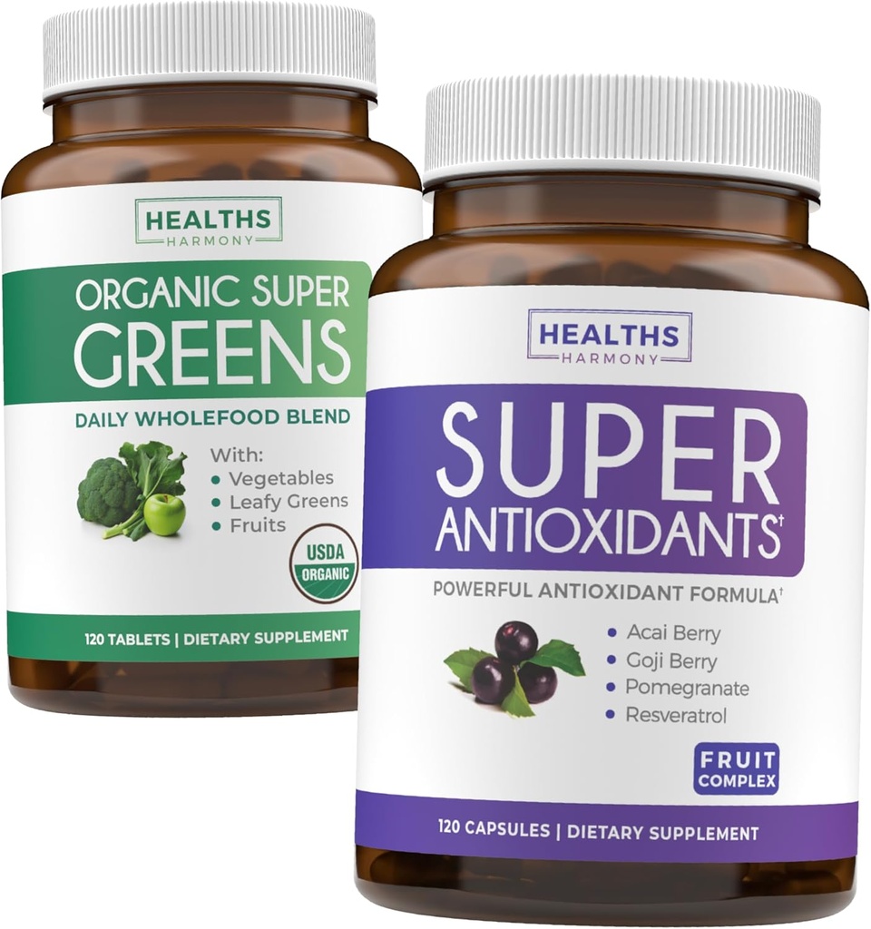 Super Greens & Antioxidants (2-Month Supply) Antioxidant Power Greens Bundle of Organic Super Greens Powder - Complete Superfood (120 Κάψουλες) & Super Antioxidants - Ισχυρό Superfood (120 Κάψουλες)