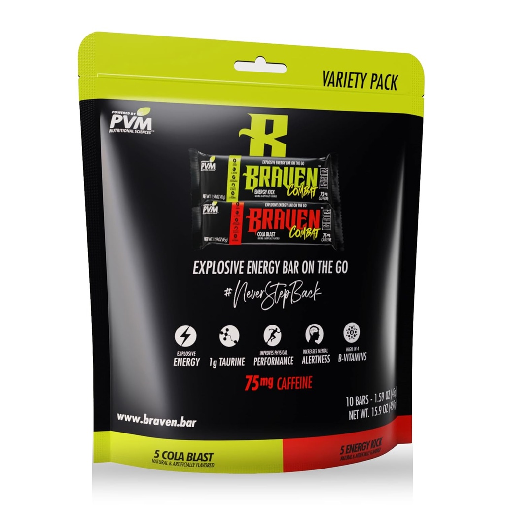 Braven Combat Variety Pack Energy Bars με καφεΐνη (1,59 oz, Pack of 10) – On-The-Go Energy Bars με 75mg καφεΐνη – Χωρίς γλουτένη Snacks