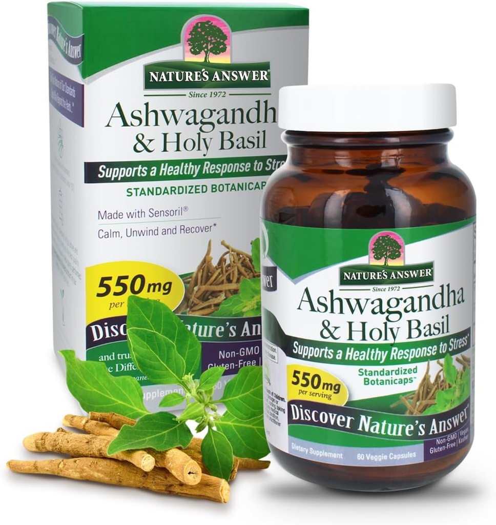 Nature's Answer Ashwagandha Root with Holy Basil 60 Capsules | Supports a Healthy Response to Stress* | Calm. Relax and Unwind*. | Gluten Free | Non-GMO | Kosher | Vegan | Vegetarian