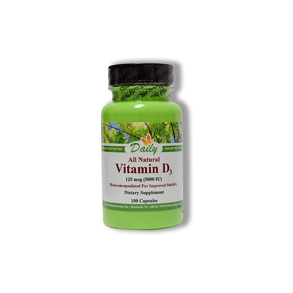 Daily Manufacturing Vitamin D3 5000 IU (125 mcg) – Non‑GMO, Gluten‑Free, Kosher, Vegetarian Capsules – Supports Bone, Immune & General Wellness - 100 Count