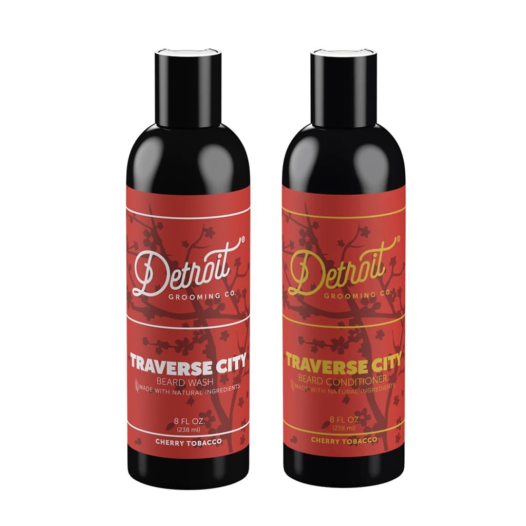Ντιτρόιτ. Grooming Co. Beard Wash and Beard Conditioner - Ανδρικό σετ - Softens, Strengthens, Moisturize - Biotin-Infused w/Argan Oil, Apple Extract, Aloe Vera - Cherry Tobacco Scent - Traverse City - 8oz