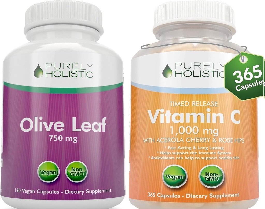 Purely Holistic Olive Leaf Extract 750mg + Βιταμίνη C 1000mg 2 Stage Release Bundle - 485 Vegan Capsules - Made in The USA