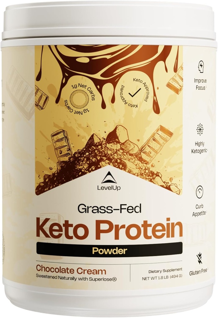 LevelUp WINNER - BEST KETO PROTEIN Σκόνη πρωτεΐνης κολλαγόνου που τρέφεται με χόρτο, C8 MCT Oil, Whey Protein Isolate, Irish Butter, Ketogenic Protein Shake Supplement (Chocolate Cream)