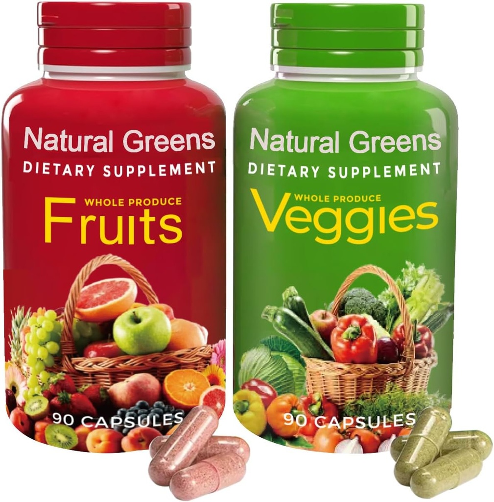 NATURAL GREENS Organic Fruits & Vegetables Supplement – Superfood Capsules with Vitamins & Probiotics – Supports Digestion, Immunity, Energ & Gut Health – 180 Capsules for Adults & Kids