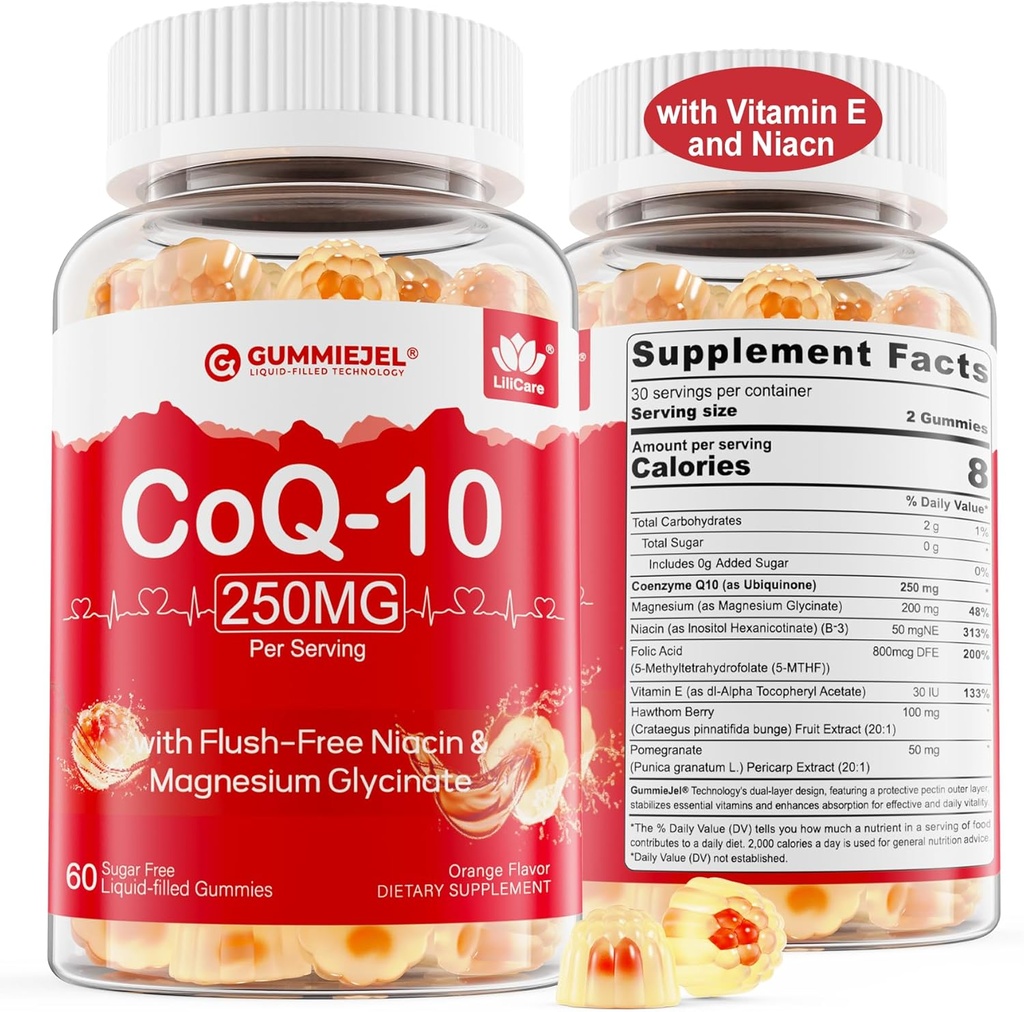 2 Pack - Χωρίς ζάχαρη CoQ10 Filled Gummies 250MG, Coenzyme Q10 w/Magnesium Glycinate, Niacin No-Flush Vitamin B3, E & Folic Acid, Υψηλή Απορρόφηση CoQ10 για Hear-t, Κυτταρική Ενέργεια & Αντιοξειδωτικό