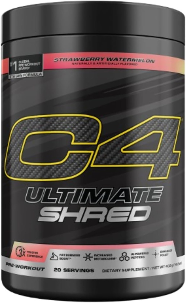 Cellucor C4 Ultimate Shred Pre Workout Powder, Fat Burner για άνδρες και γυναίκες, συμπλήρωμα απώλειας βάρους με εκχύλισμα ρίζας Ginger, φράουλα watermelon, 20 εξυπηρετούν, 12,3 ουγγιά (πακέτο του 1)
