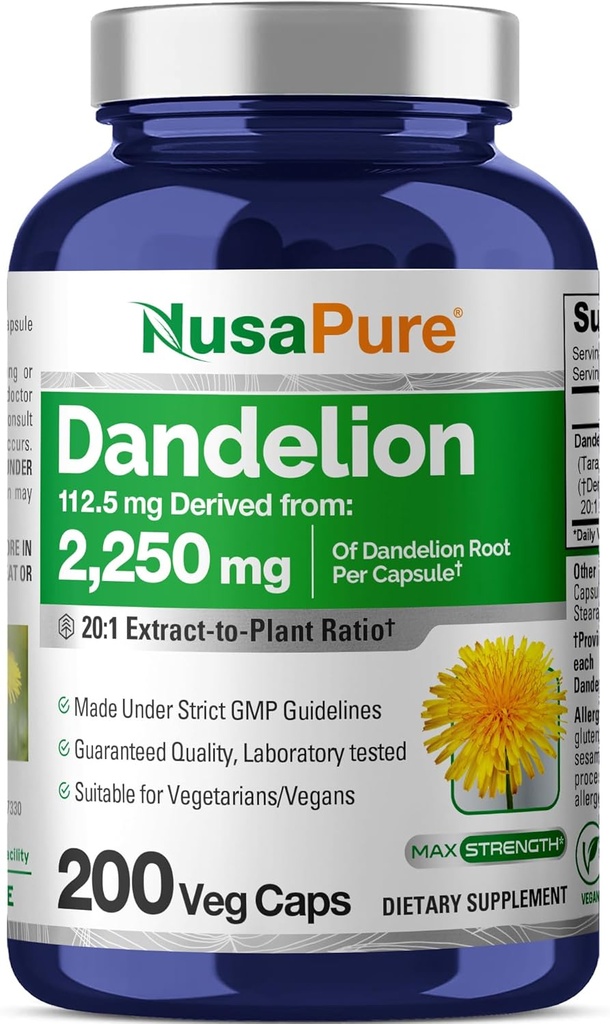 NusaPure Dandelion Root 20:1 Extract, 112,5 mg Ισοδύναμα με 2.250 mg 200 κάψουλες Veggie (Non-GMO, Vegan)