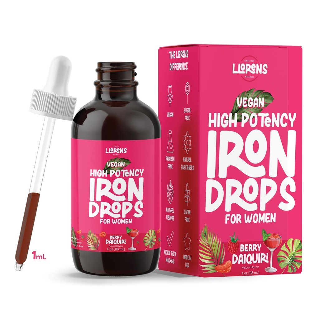 LLORENS PHARMACEUTICAL High Potency Iron Drops for Women, 20mg Elemental Iron (Polysaccharide Complex) per 1mL, Gentle on Stomach, Vegan, Natural Sweeteners (Berry Daiquiri, 4 Fl Oz)
