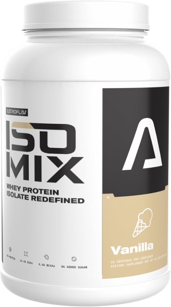 ASTROFLAV IsoMix επαναπροσδιοριζόμενη πρωτεΐνη Whey Isolate σκόνη – 24g πρωτεΐνη, 0g ζάχαρη, χαμηλής περιεκτικότητας σε άνθρακα, 6,5g BCAA + 13,4g EAA – Premium αποκατάσταση μυών & Lean μυϊκή ανάπτυξη Formula, Βανίλια