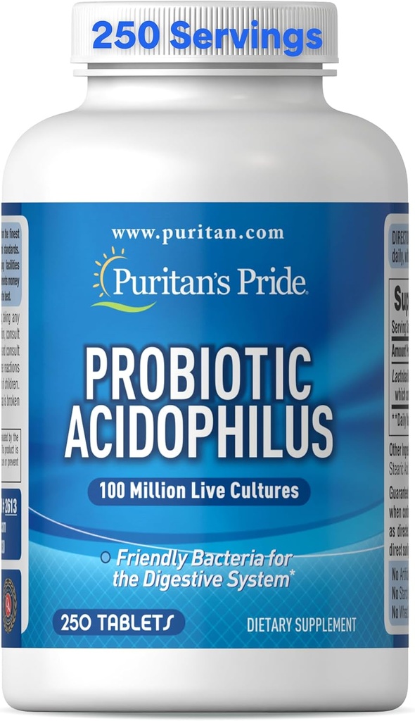 Puritan's Pride Daily Probiotic Acidophilus, 100 Million Live Cultures, Dietary Supplement for Digestive, Gut, and Immune Health, Soy, Sodium, and Glutten Free, 8μηνη προσφορά, 250 δισκία