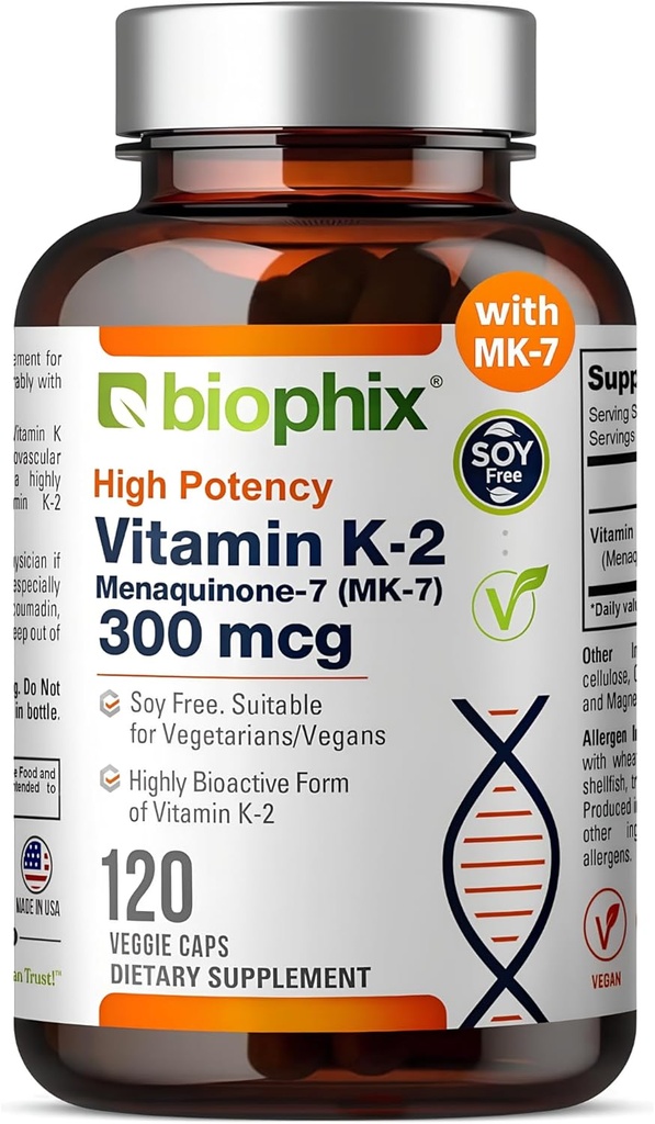 biophix Βιταμίνη K2 MK-7 300mcg, 120 Κάψουλες Vegan – Συμπλήρωμα υψηλής ισχύος για την Οστική Δύναμη και την Ανοσολογική Υγεία