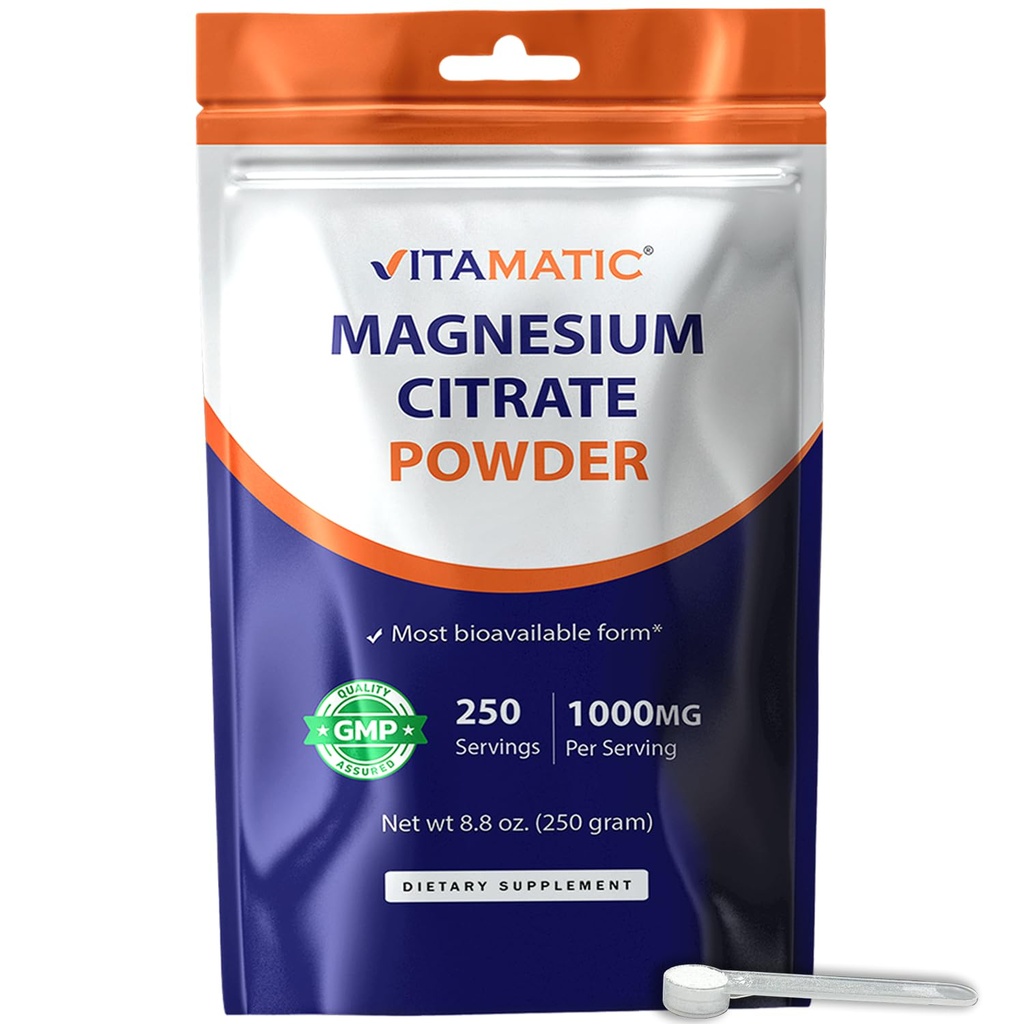Vitamatic Magnesium Citrate 1000mg ανά υπηρεσία Υποστηρίζει τους μυς, τις αρθρώσεις και την υγεία της καρδιάς 250 γραμμάρια - 250 υπηρεσίες