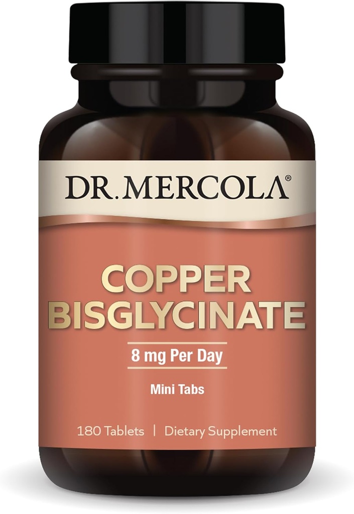 Δρ. Mercola Bisglycinate χαλκού, 90 σερβιρίσματος (180 δισκία), συμπληρώματα διατροφής, 8 mg ανά ημέρα, Mini Tabs, Υποστηρίζει τη συνολική υγεία, μη ΓΤΟ
