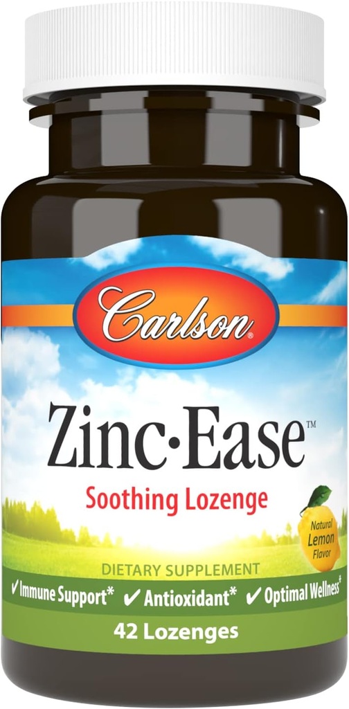 Carlson - Ψευδάργυρος-Ease, Καταπραϋντικό Lozenge, Ανοσολογική Υποστήριξη & Βέλτιστη Ευεξία, Αντιοξειδωτικό, Λεμόνι, 42 Lozenges