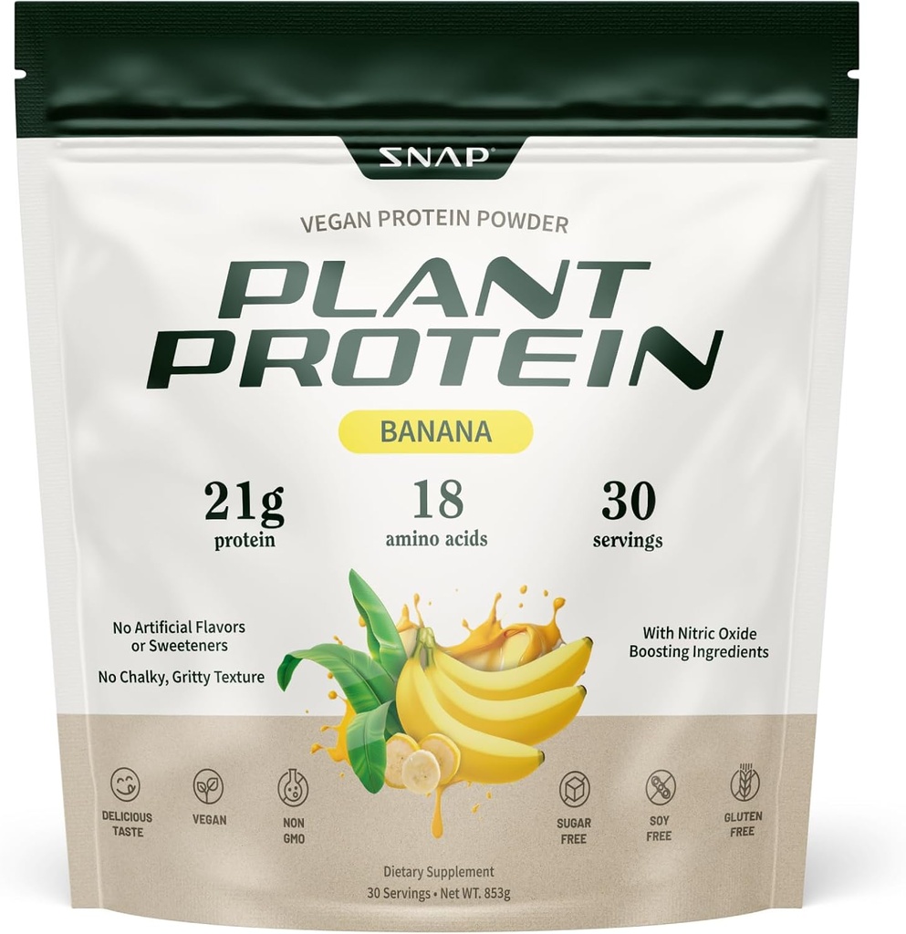 Snap Supplements Organic Plant Based Vegan Protein Powder Nitric Oxide Boosting Protein Powder, BCAA Amino Acid for Muscle Growth, Performance & Recovery - 30 Servings (Banana)
