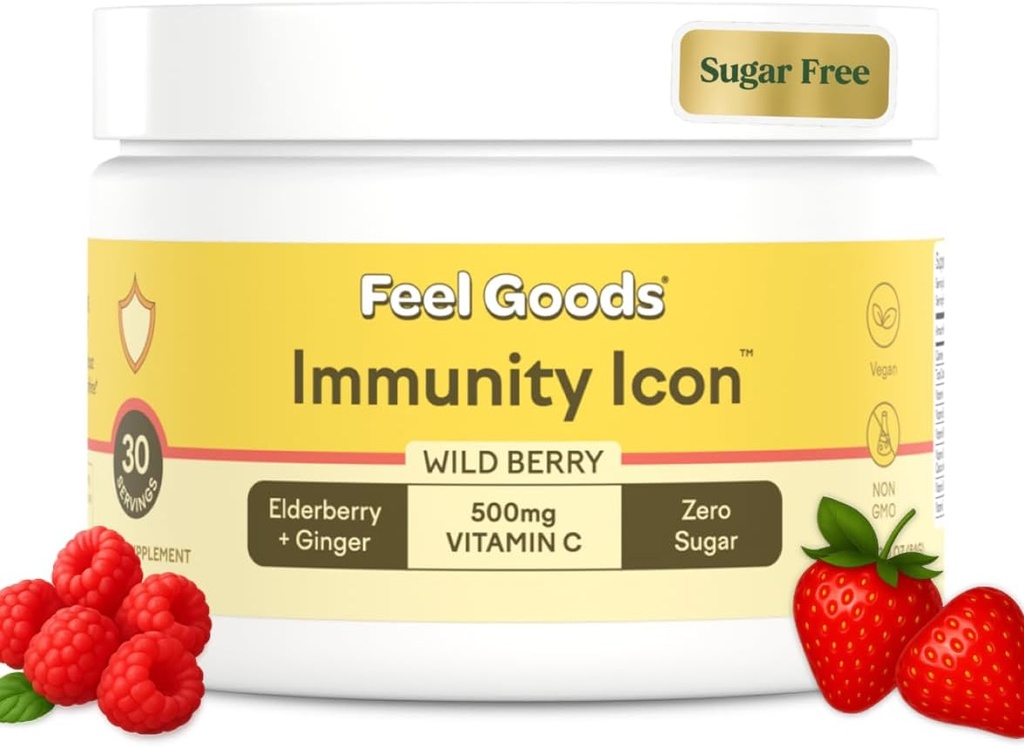 Feel Goods Immunity Icon, Zero Sugar, Vitamin C, A, B, D, E & Zinc, Organic Elderberry, Ashwagandha, Drink Mix Powder, Vegan, Non GMO, Caffeine & Gluten Free | Wild Berry, 30 Servings