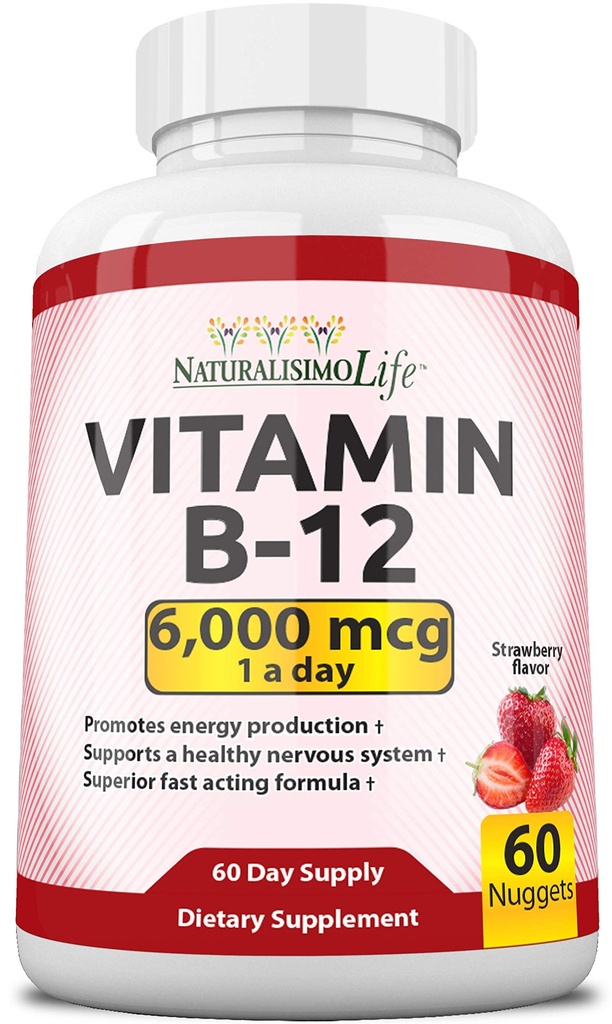 NaturalisimoLife Βιταμίνη B12 6.000 mcg – Γρήγορη Διάλυση Ψήγματα Γεύσης Φράουλα – 60 Ψήγματα, μη-ΓΤΟ, Vegan, Χωρίς γλουτένη