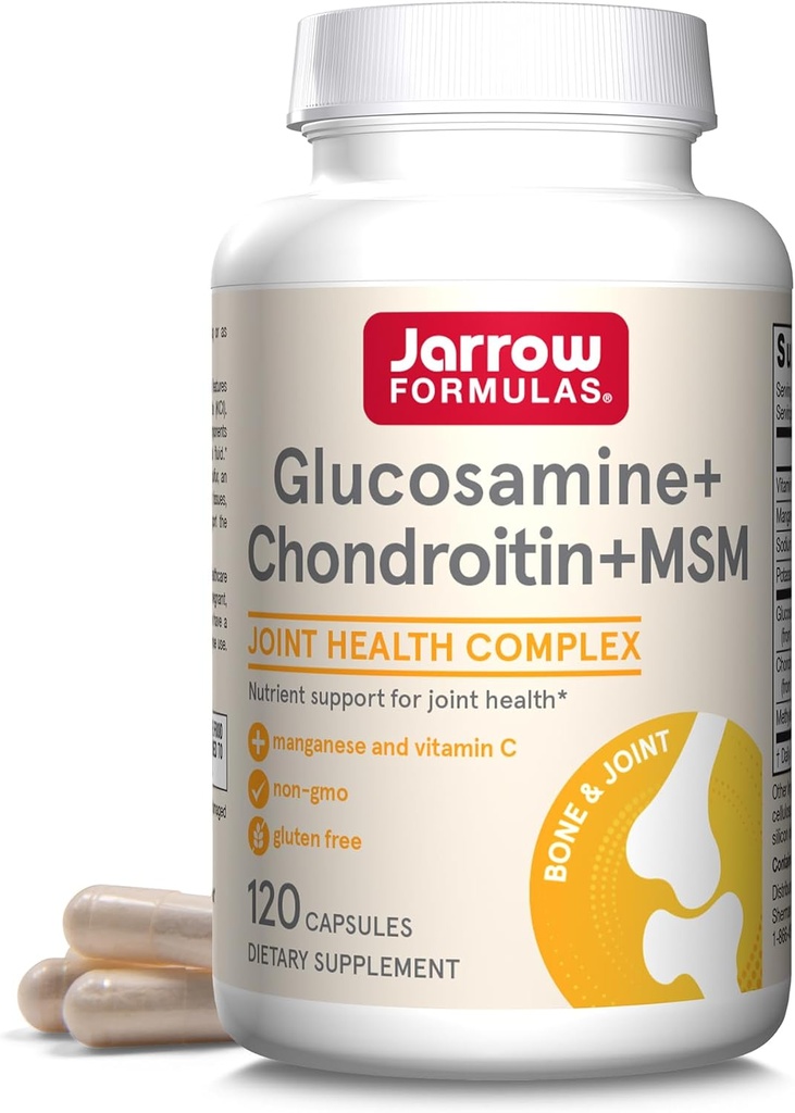 Jarow Formulas® Γλυκοζαμίνη + Chondroitin + κάψουλες MSM, συμπλήρωμα κοινής υποστήριξης με βιταμίνη C και Μαγγάνιο, 30 κάψουλες, 120 ημέρες προσφοράς