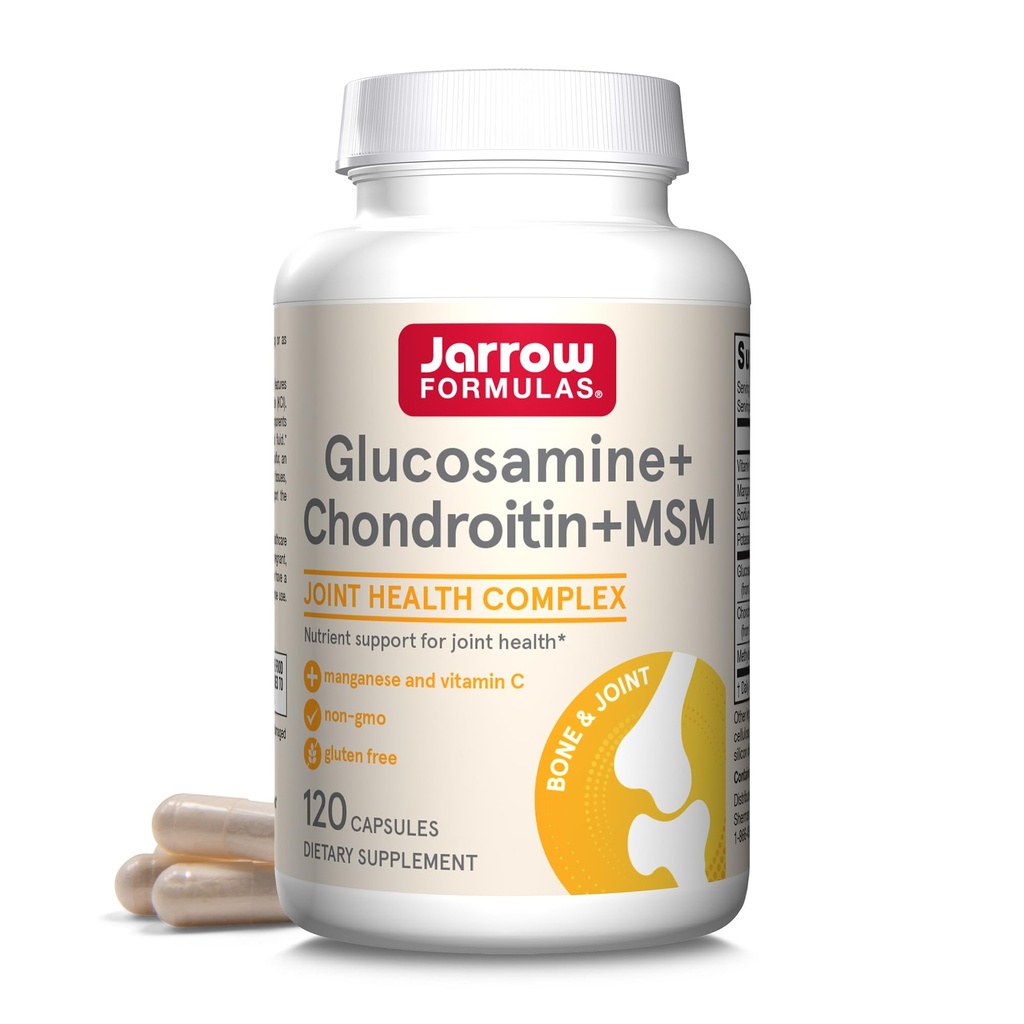 Jarow Formulas® Γλυκοζαμίνη + Chondroitin + κάψουλες MSM, συμπλήρωμα κοινής υποστήριξης με βιταμίνη C και Μαγγάνιο, 30 κάψουλες, 120 ημέρες προσφοράς