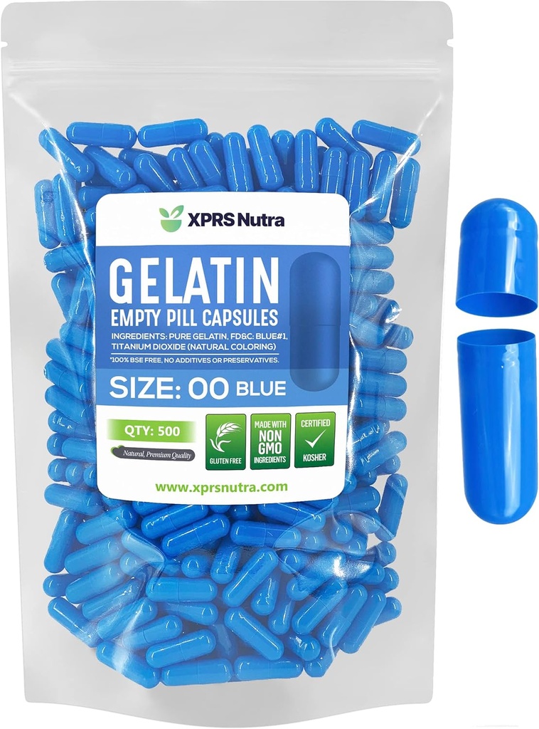 XPRS Nutra Size 00 Empty Capsules - 500 Count Empty Gelatin Capsules - Pills DIY Capsule Filling - Fillable Pill Gel Caps for Do-It-Yourself Supplements (Blue)