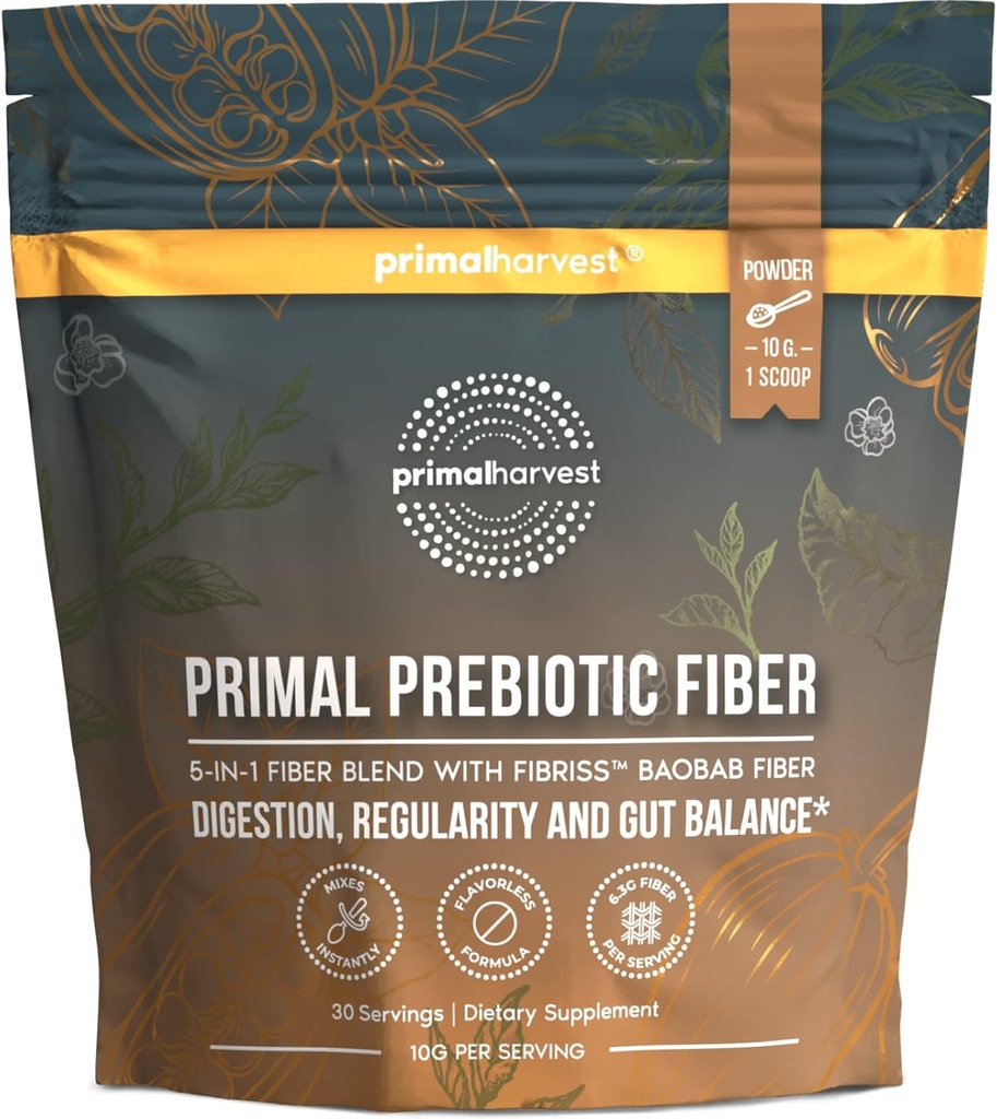 Primal Harvest Prebiotic Fiber Powder Unflavored, 30 Μερίδες 5 σε 1 ημερήσιο συμπλήρωμα με οργανική Acacia και Fibriss Organic Baobab Powder.