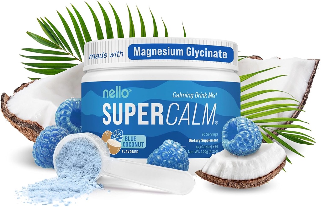 Nello Supercalm Powdered Drink Mix, Blue Coconut, L Theanine, Ksm-66 Ashwagandha, Μαγνήσιο Γλυκινικό, Βιταμίνη D 3, Συμπληρώματα για χαλάρωση & εστίαση, Χωρίς ζάχαρη, μη GMO, On The Go, 30 Srvgs