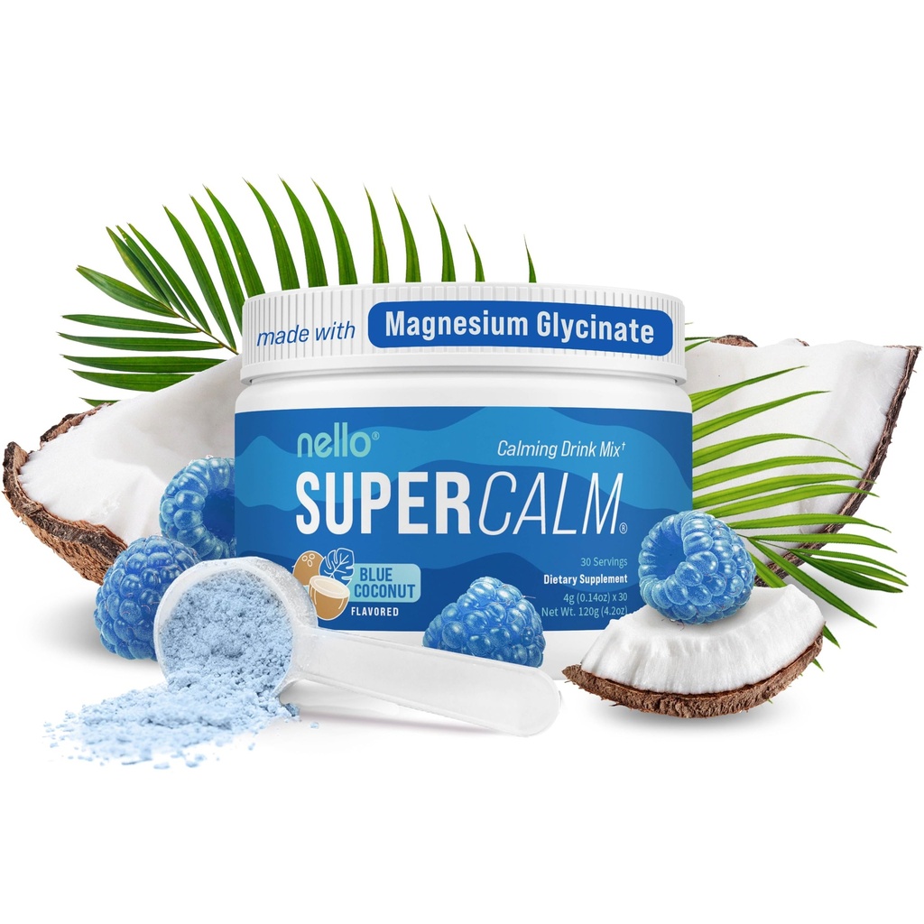 Nello Supercalm Powdered Drink Mix, Blue Coconut, L Theanine, Ksm-66 Ashwagandha, Μαγνήσιο Γλυκινικό, Βιταμίνη D 3, Συμπληρώματα για χαλάρωση & εστίαση, Χωρίς ζάχαρη, μη GMO, On The Go, 30 Srvgs