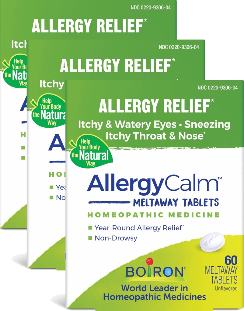 Boiron AllergyCalm Tablets 180 Count, Relief from Allergies and Hay Fever Συμπτώματα του φτάρνισμα, Runny μύτη, και Ichy Eyes or Throat, Allergy Calm Tabs (Πρώην RhinAllergy) (Pack of 3 60ct Boxes)