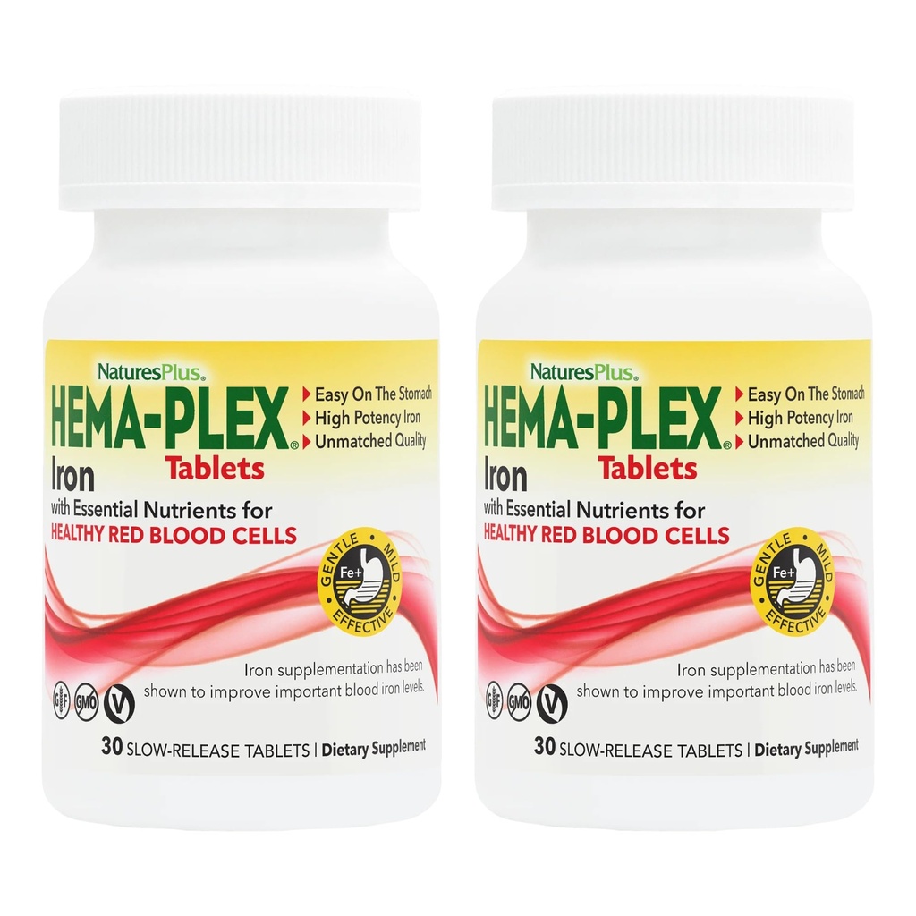 NaturesPlus Hema-Plex Iron - 30 Slow- Release Tablets, Συσκευασία των 2 - Ολική Υγεία του Αίματος - 85 mg Χηλικός Σιδήρος - με Βιταμίνη C & Bioflavonoids - Μη ΓΤΟ, Χορτοφαγικά & Χωρίς Γλουτένη - 60 Σύνολο Σερβιρίσματος
