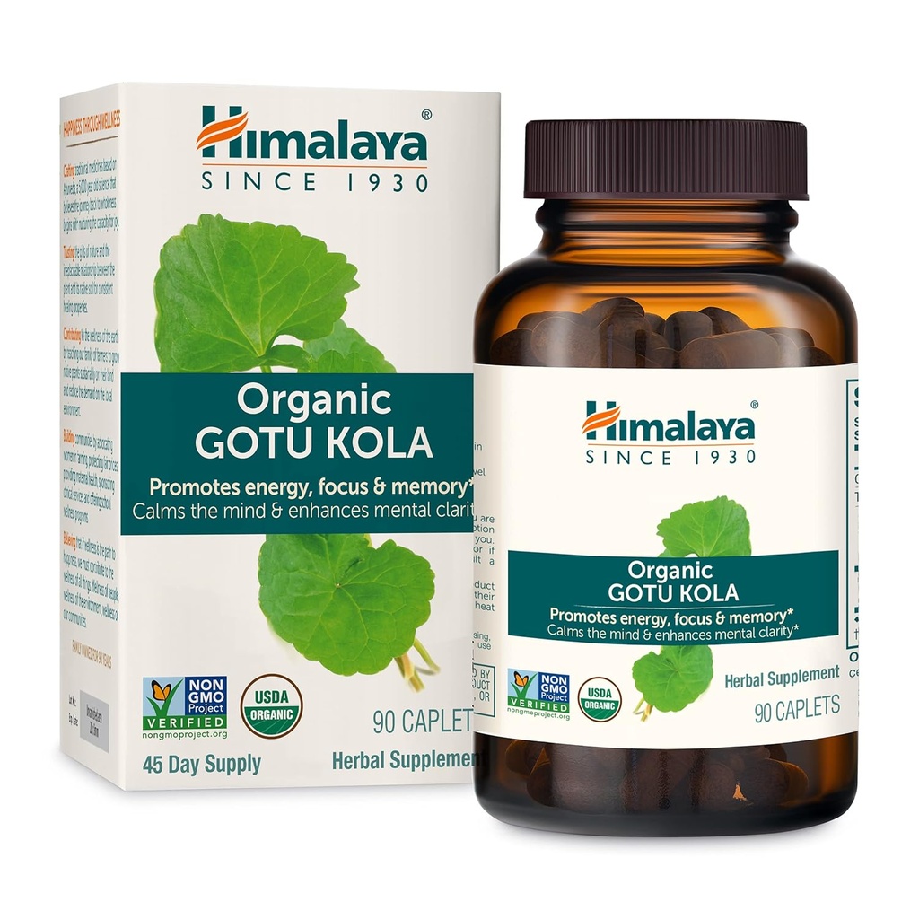 Himalaya Organic Gotu Kola, 45 Day Supply - Βότανο Νοοτροπικό συμπλήρωμα με Προσαρμογόνα για Ενέργεια, Εστίαση, Μνήμη και Χαλαρωτική Χαλάρωση - Vegan, Μη ΓΤΟ, Χωρίς Γλουτένη, 650 mg, 90 Caplets