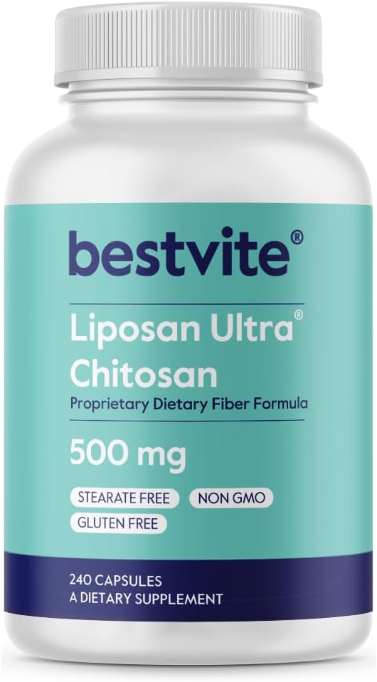 BESTVITE Liposan Ultra Chitosan 500mg (240 Capsules) - Patented Faster Acting Than Regular Chitosan - No Stearates - No Fillers