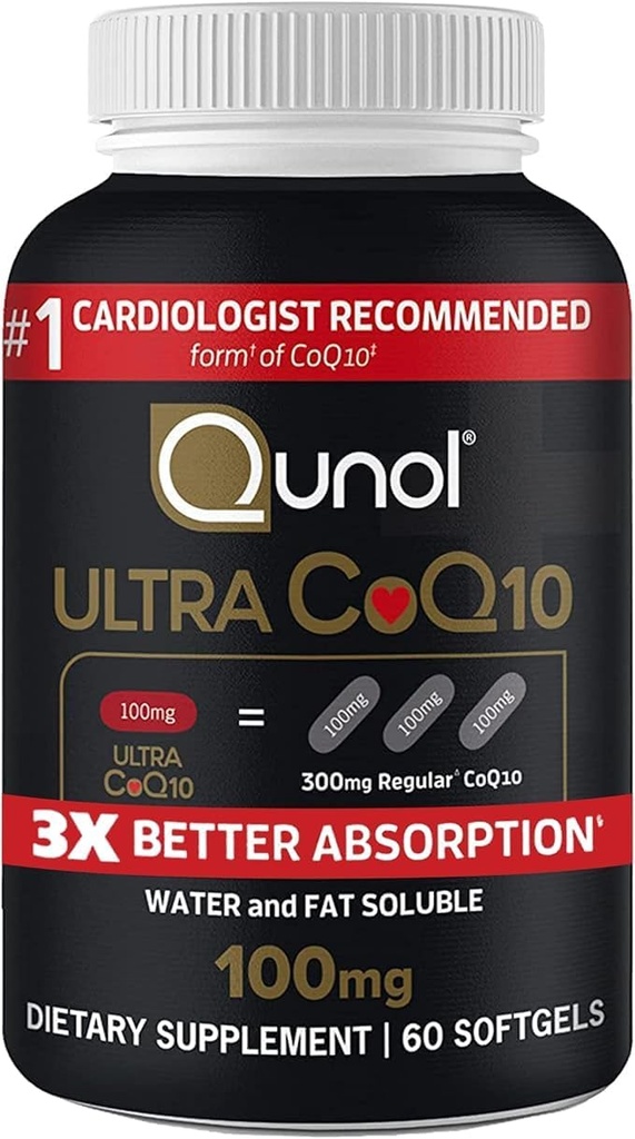 Qunol Ultra CoQ10 100mg 3X Καλύτερη Απορρόφηση Πατενταρισμένο νερό και λίπος Διαλυτή Φυσικό συμπλήρωμα Form Συνένζυμο Q10 Αντιοξειδωτικό για τα πακέτα υγείας της καρδιάς Softgels, 120 Count