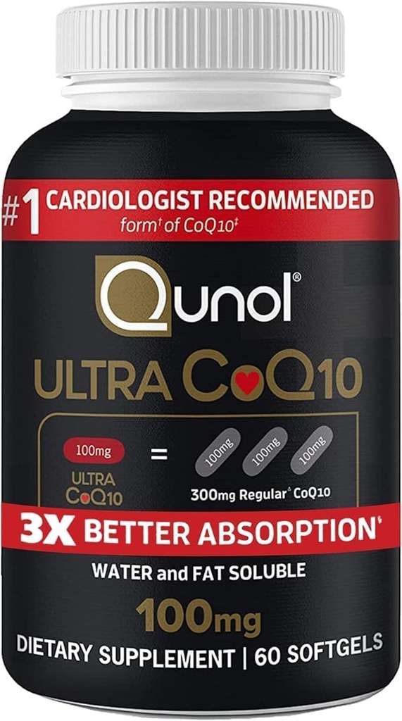 Qunol Ultra CoQ10 100mg 3X Better Absorption Patented Water and Fat Soluble Natural Supplement Form Coenzyme Q10 Antioxidant for Heart Health Packs Softgels, 60 Count