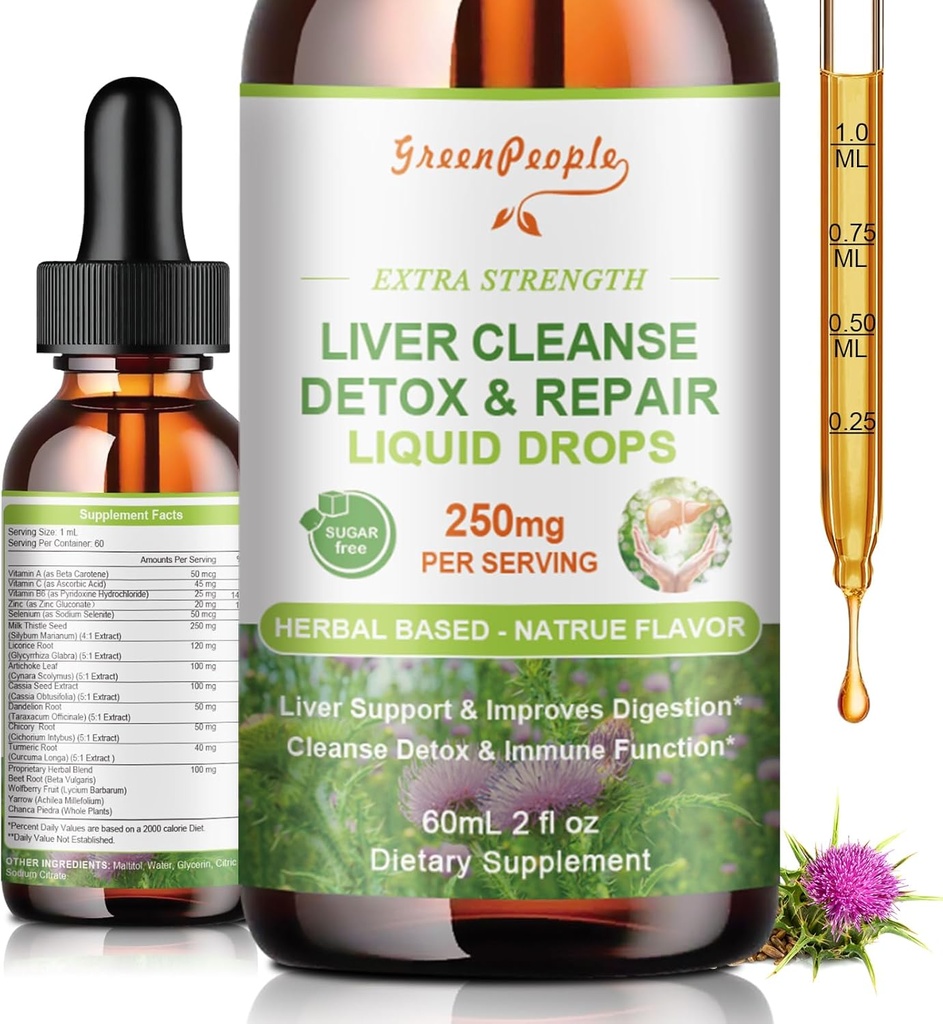 GREENPEOPLE Liver Cleanse Detox & Repair Drops - Συμπλήρωμα ήπατος w/Milk Thittle Silymarin, Artichoke & Dandelion για το συκώτι Detox & Υποστήριξη- 16x Ισχυρό βότανα-Nutrients - 2Fl Oz Φυσική Γεύση