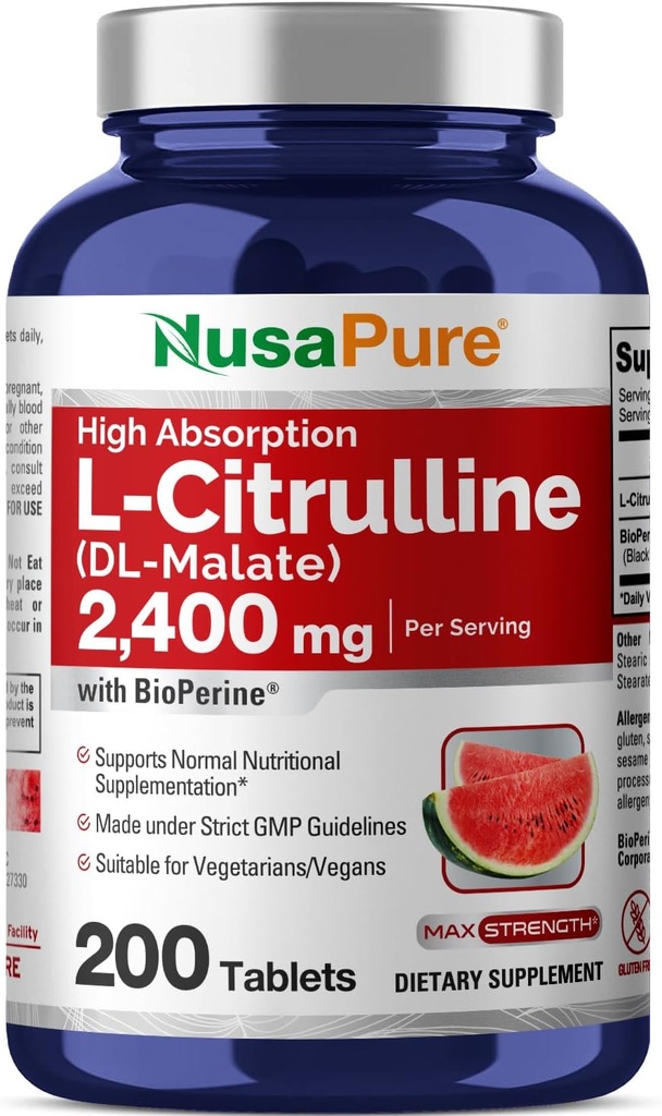 NusaPure L-Citrulline 2.400mg 200 χορτοφαγικά δισκία (Non-GMO, Gluten Free, 100- Day Supply, Bioperine)