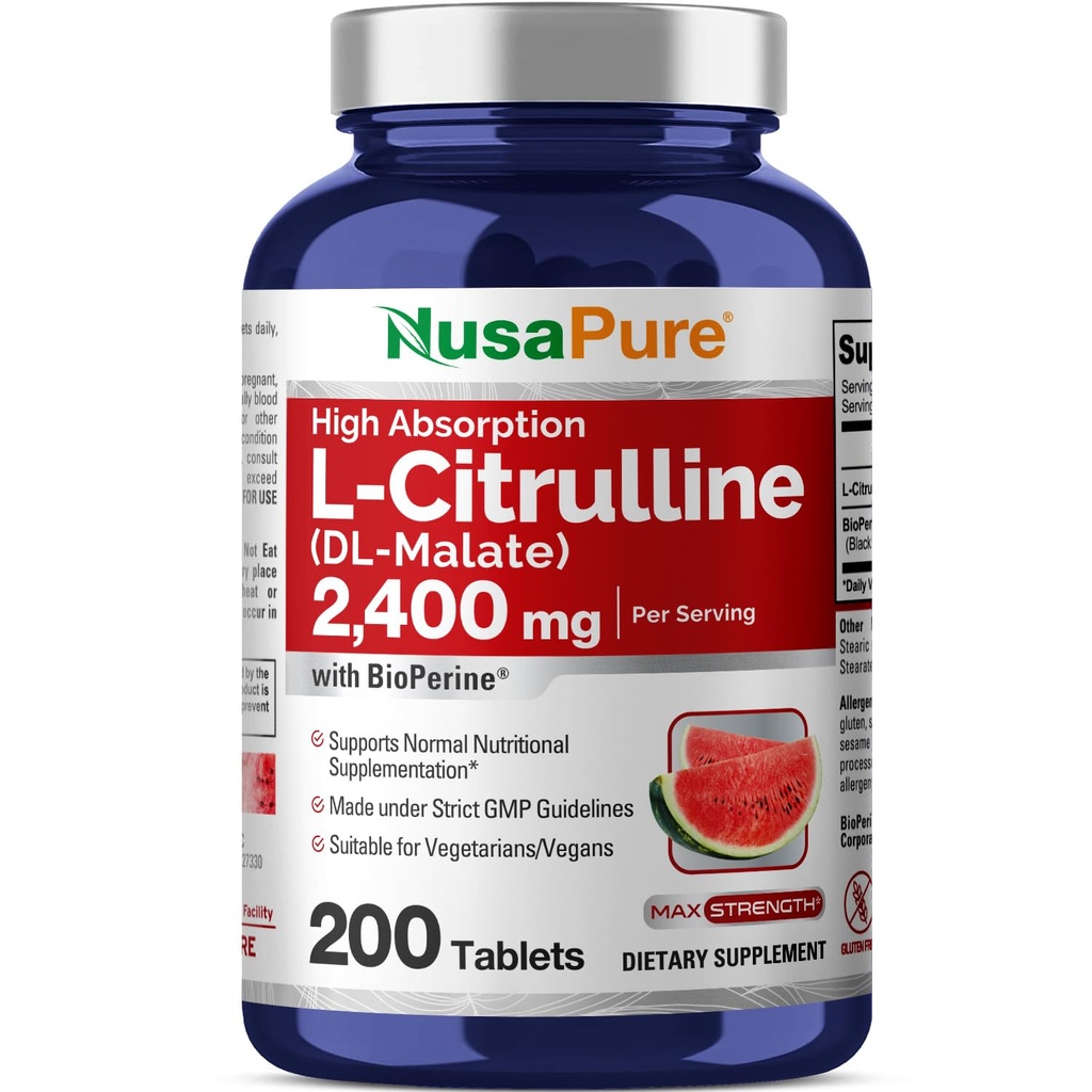 NusaPure L-Citrulline 2.400mg 200 χορτοφαγικά δισκία (Non-GMO, Gluten Free, 100- Day Supply, Bioperine)