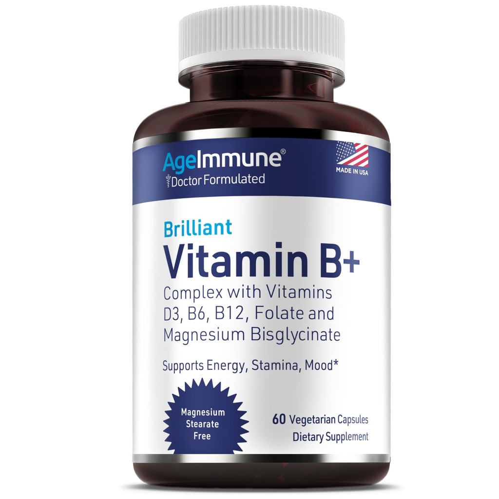 AgeImmune Vitamin B Complex με Βιταμίνη D3 B12 B6 Μαγνήσιο Διγλυκινικό και Φολικό ως Μεθυλοφολικό - Γιατρός Formulated μεθυλιωμένο B Complex Supplement – 60 Κάψουλες - Χωρίς Νιασίνη
