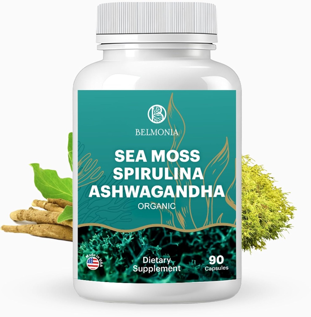 Sea Moss με Spirulina και Ashwagandha Blend κάψουλες, Mood, ανοσοποιητική υποστήριξη & ανακούφιση στρες, μικρο συστατικά & αντιοξειδωτικά πηγή - μη GMO, Vegan Superfood συμπλήρωμα, 90 Count