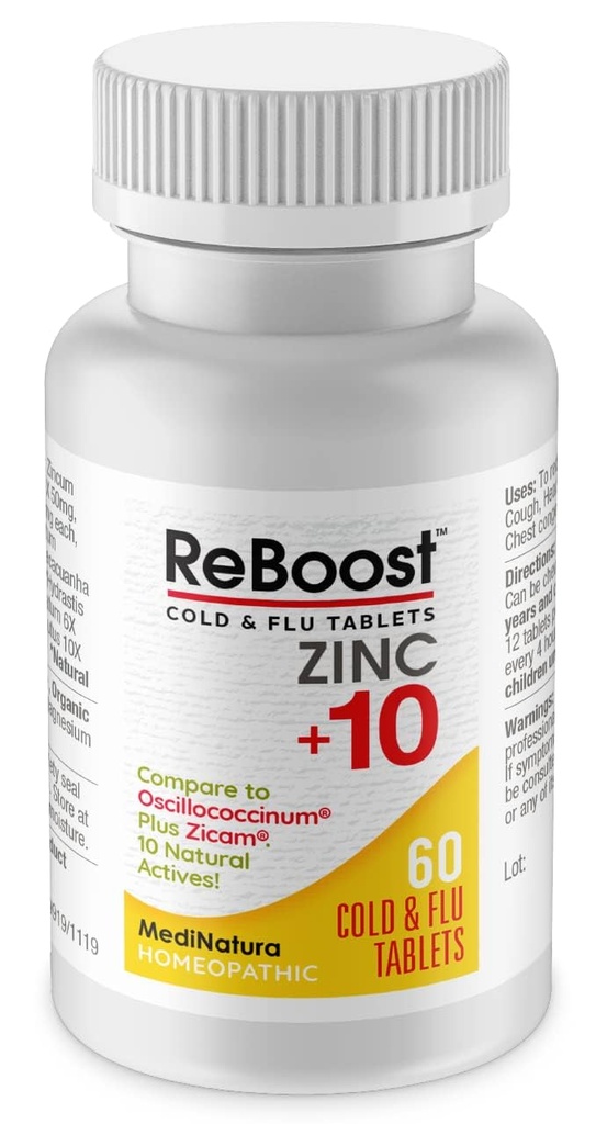 MediNatura ReBoost ψευδάργυρος +10 MAX Ψυχρή & γρίπη Συμπτώματα ανακούφιση γρήγορης δράσης, μη υπνηλία Φυσικό Καταπραϋντικό Ομοιοπαθητικά Βοηθά στην ανακούφιση ολόκληρου του σώματος δυσφορία, βήχας, κόπωση, συμφόρηση - λεμόνι - 60 δισκία