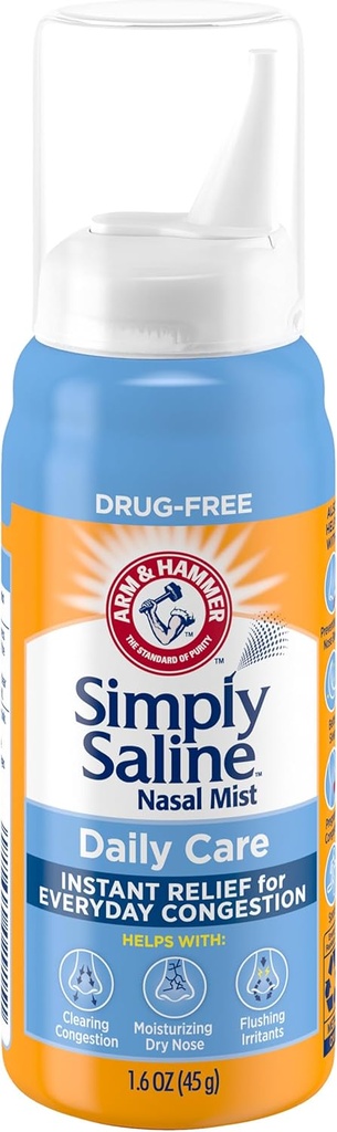 ARM & HAMMER Simply Saline Daily Care Nasal Mist, Drug-Free Non-Drowsy Saline Spray for Instant Nasal Congestion and Allergy Relief, Use as Often as Needed, Suitable to Use if Pregnant, 1.6 oz